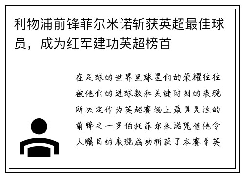 利物浦前锋菲尔米诺斩获英超最佳球员，成为红军建功英超榜首