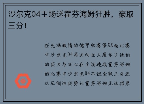 沙尔克04主场送霍芬海姆狂胜，豪取三分！