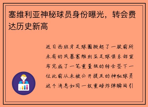 塞维利亚神秘球员身份曝光，转会费达历史新高