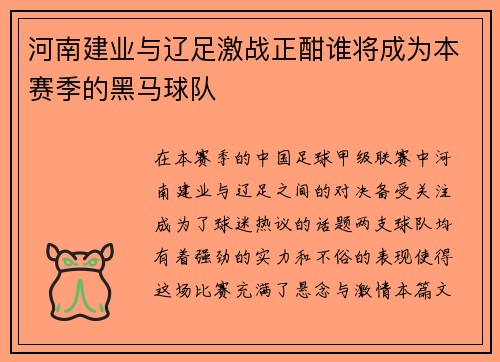 河南建业与辽足激战正酣谁将成为本赛季的黑马球队